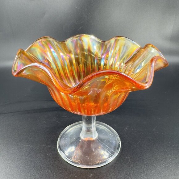 VTG Marigold Carnival Glass Iridescent Ruffled Pedestal Compote Footed Dish Bowl - Picture 11 of 14